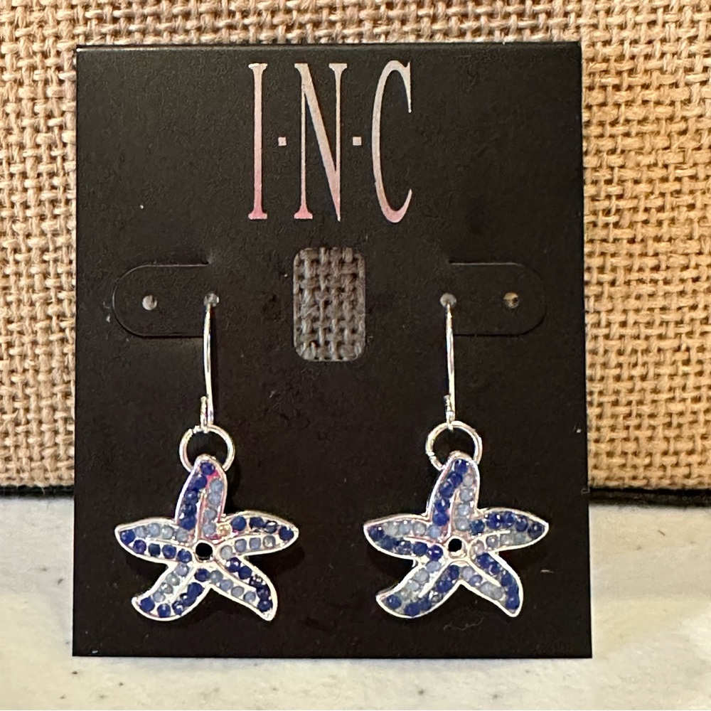 NWT INC Earrings - Starfish in silver tone with light and dark blue rhinestones - Picture 2 of 7